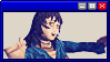 Anya, a messy haired woman from the game Mouthwashing, dancing in front of a color changing background